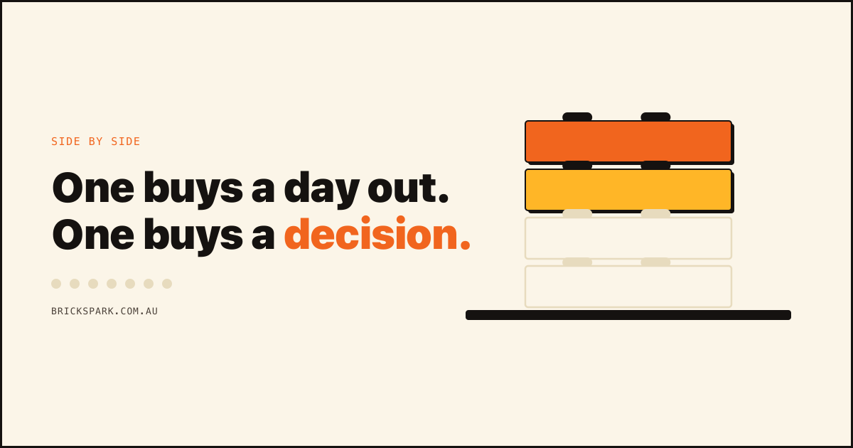 Brick Spark cover graphic — one buys a day out, one buys a decision