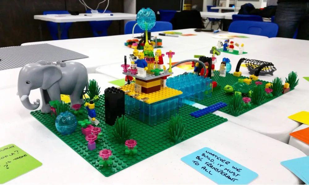 A LEGO Serious Play model featuring an elephant and a handwritten sticky note reading whatever we build must be transparent to all